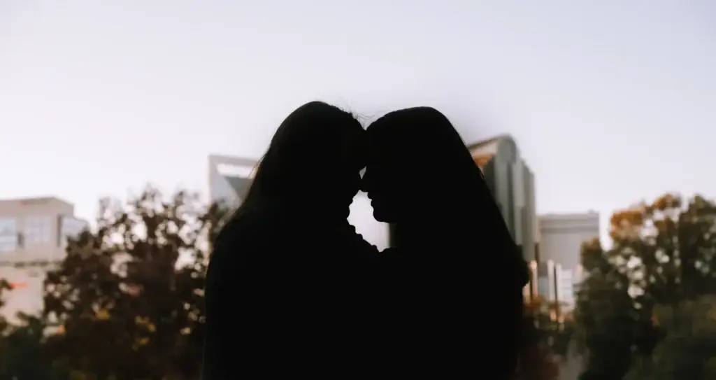 A couple is silhouetted against the Charlotte, NC skyline during their engagement photography session at Marshall Park