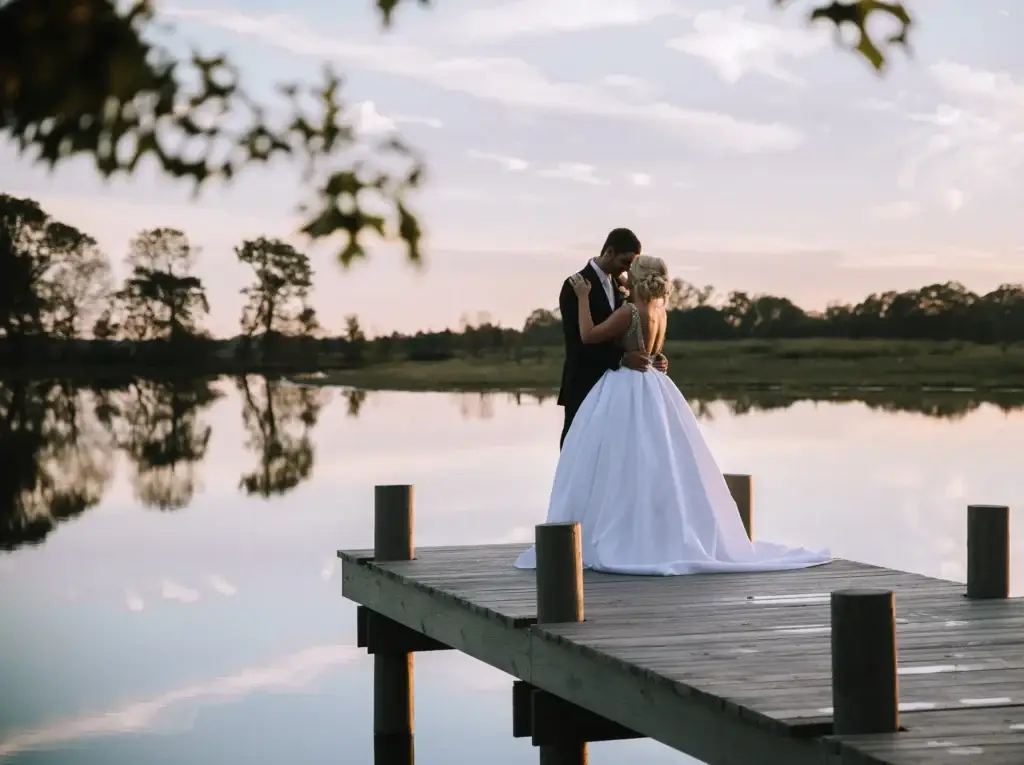 A couple embraces during golden hour photos at Champagne Manor as shot by Charlotte wedding photographer Claudia Wolff